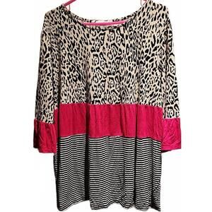 Moa Moa leopard and striped print 3/4 sleeve top. Size 1X